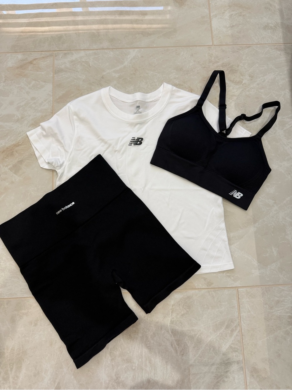 New Balance Black Sports Bra, Black High-Waist Shorts & White Tee Set